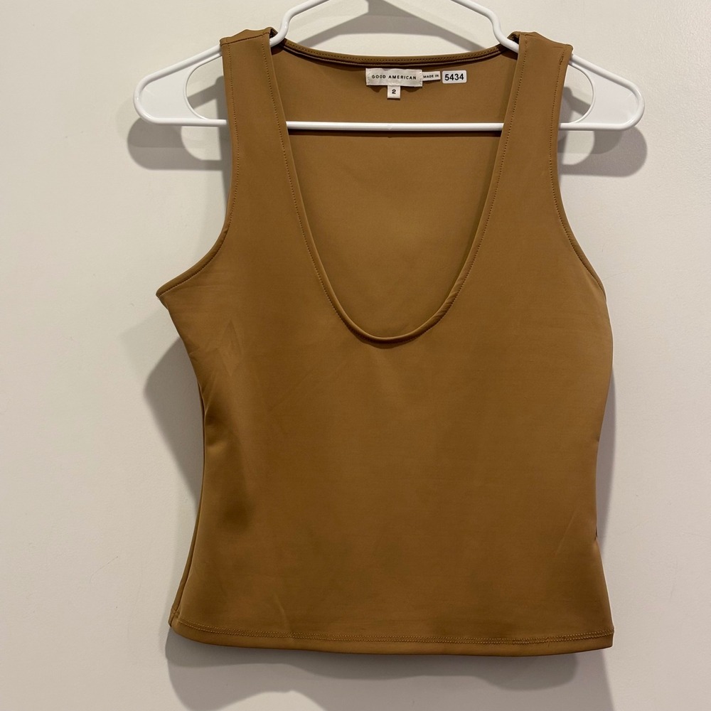 Good American Women Deep U-Neck Tank Top Camel Brown Size 2